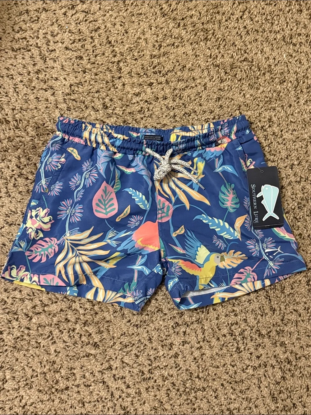 Southern Lure Boys Blue Tropical Parrot Print Drawstring Swim Trunks NWT Size 6